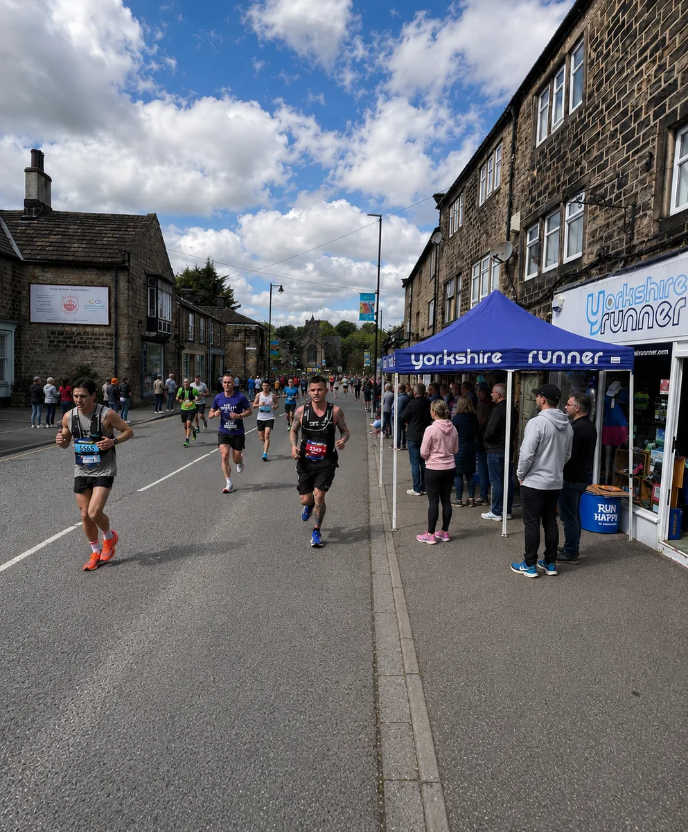 Road runners passing the Yorkshire Runner shop